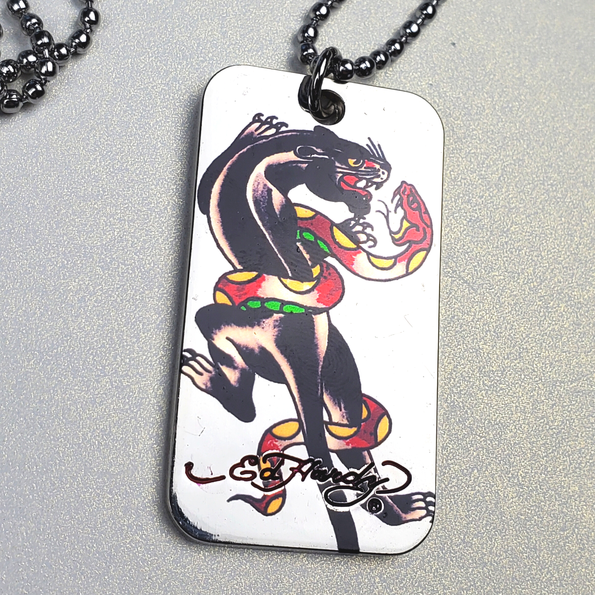 ED HARDY Necklace Panther W Snake Color Print Dog Tag Vintage