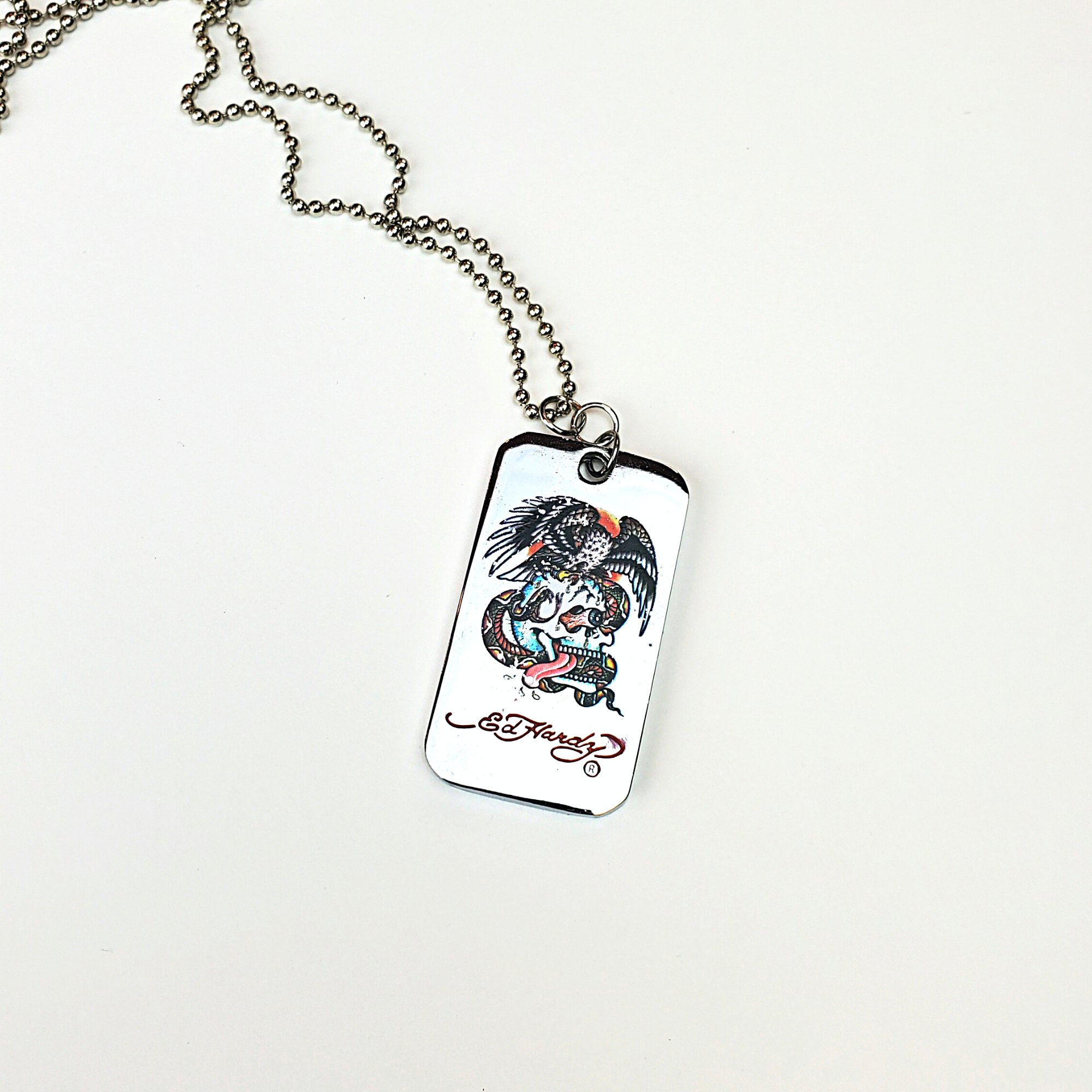 ED HARDY Necklace Battle Eagle Skull color print Dog Tag