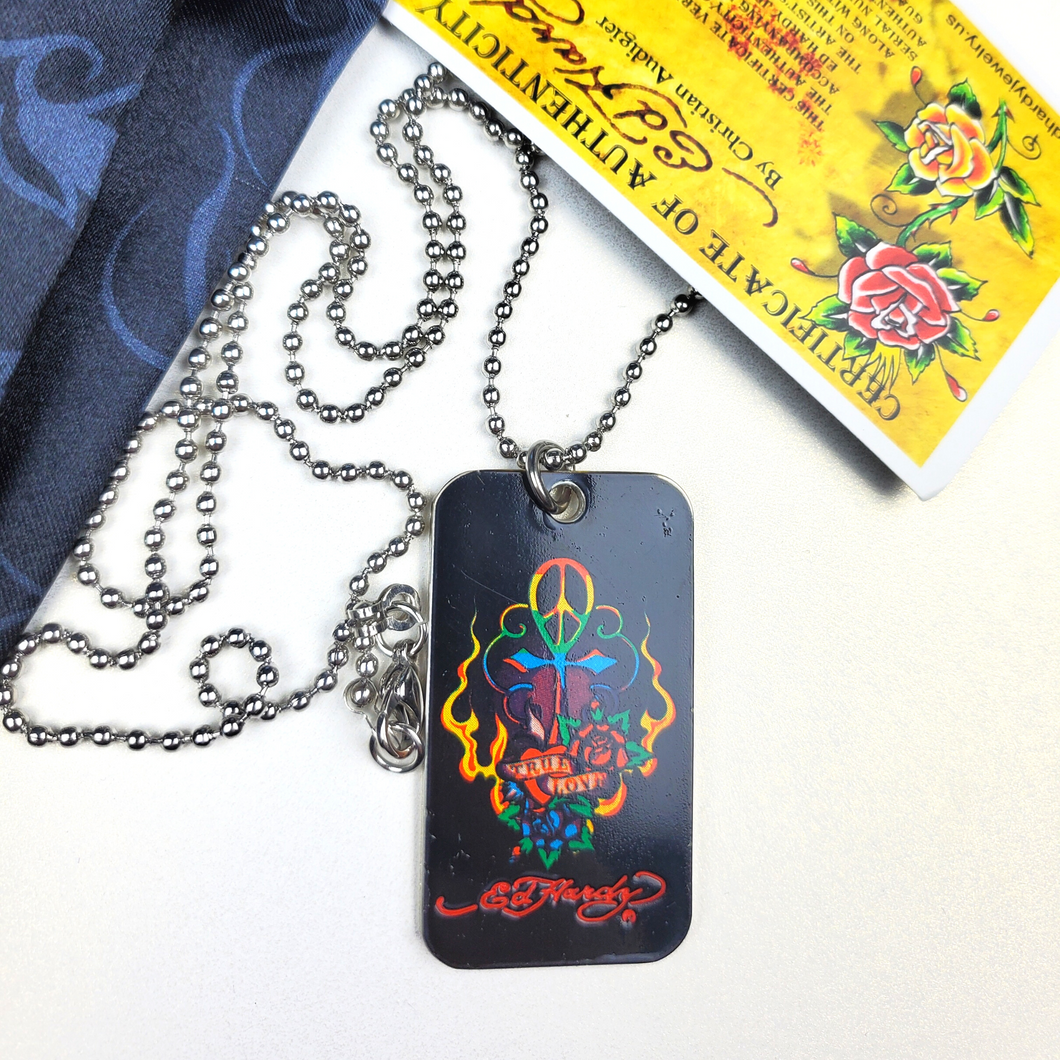 ED HARDY Necklace True Love Dog Tag Peace Vintage Jewlr