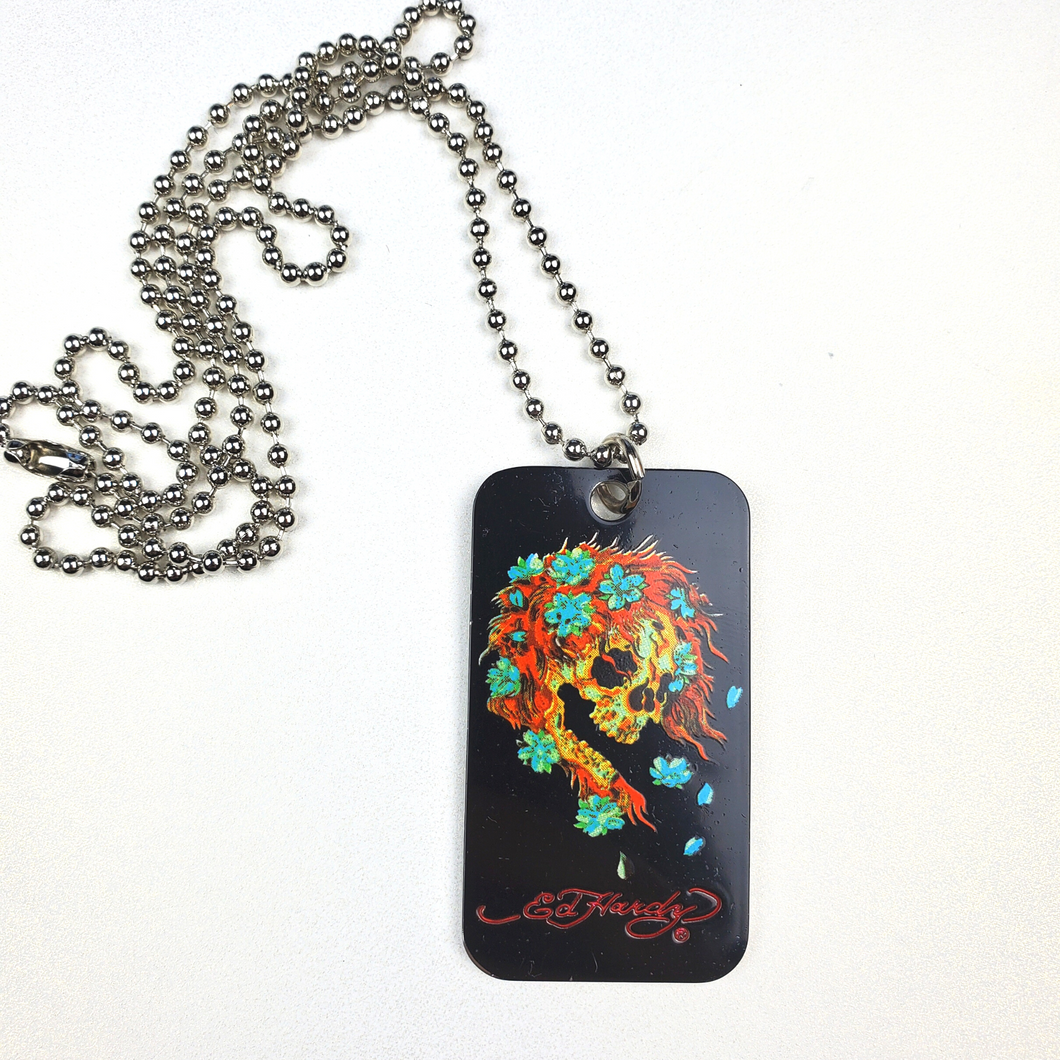 ED HARDY Necklace / Black Ghost Skull Color Dog Tag